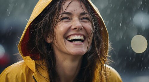 Femme de 40 ans sous la pluie qui rit sans parapluie, illustration d’une slow maman libre qui vit à son rythme sans pression
