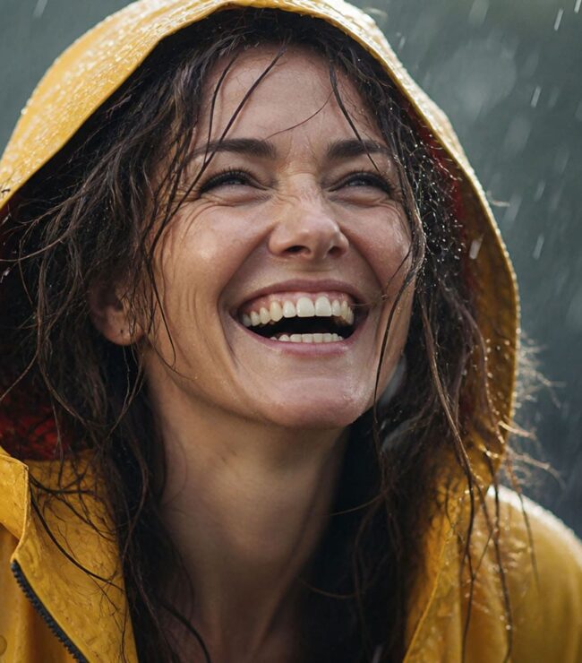 Femme de 40 ans sous la pluie qui rit sans parapluie, illustration d’une slow maman libre qui vit à son rythme sans pression