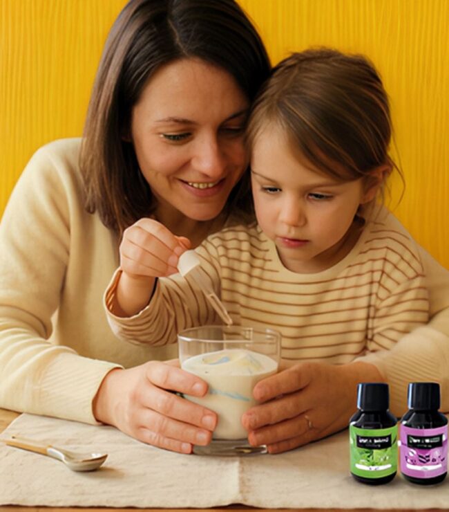 Maman et enfant réalisant une activité DIY parfumée avec des huiles Smellingood dans une ambiance slow living chaleureuse