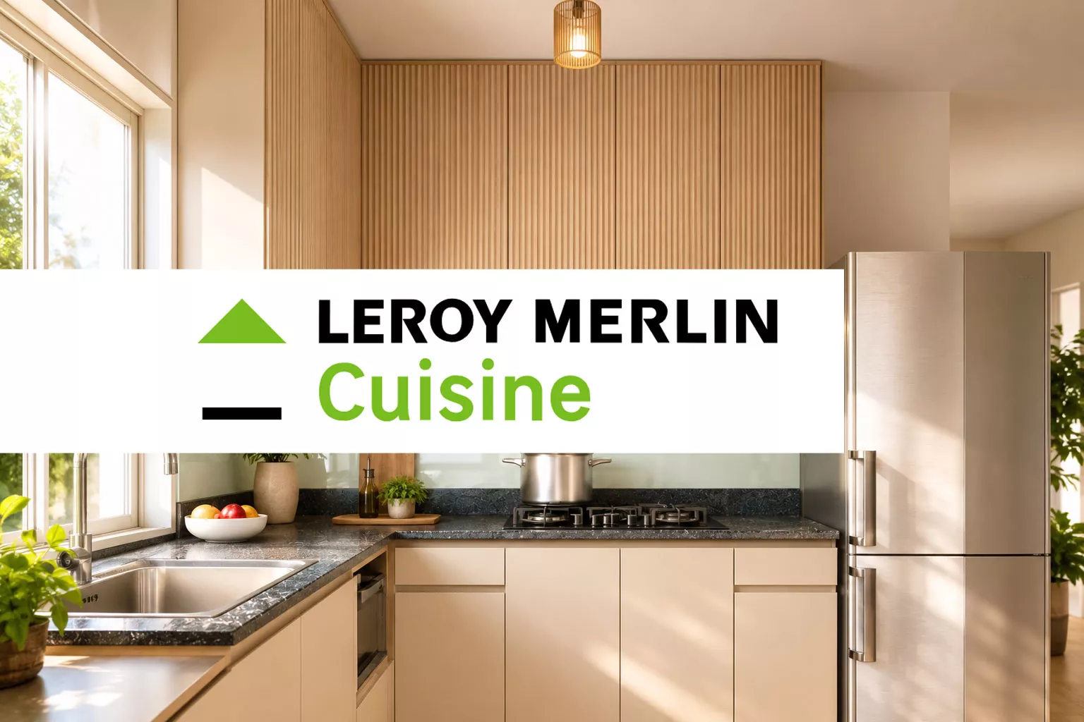 Illustration d'une cuisine Leroy Merlin moderne en L avec façades bois rainurées, plan de travail effet granit, crédence en verre, éclairage LED et ambiance chaleureuse pour un projet de rénovation.