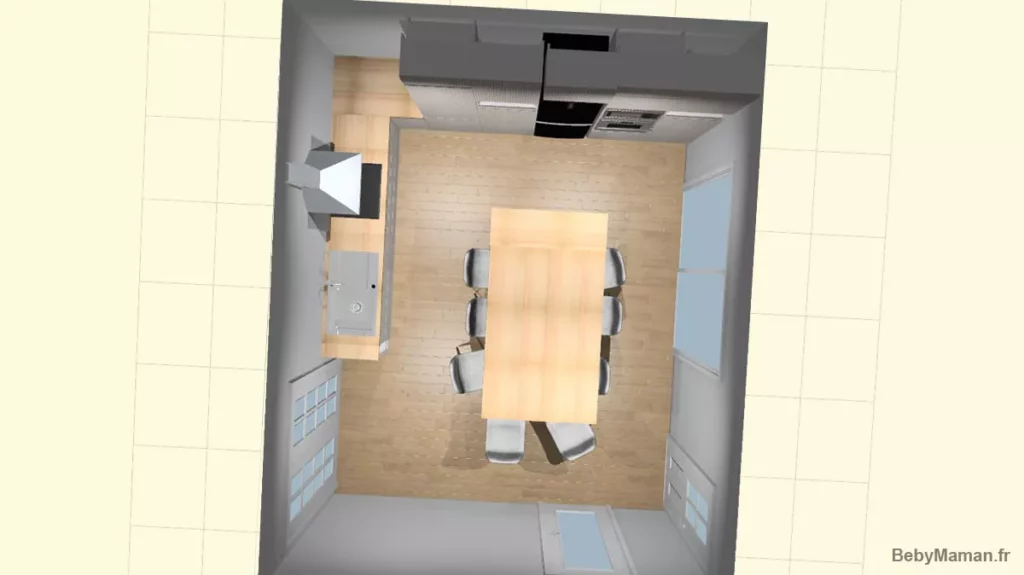 Cuisine AMMMO2 2jpg Plan 3D vu du dessus d'une cuisine familiale Leroy Merlin Tokyo avec implantation en L, îlot central repas 6 places, colonnes de rangement toute hauteur et façades lin mat texturées dans une maison ancienne.
