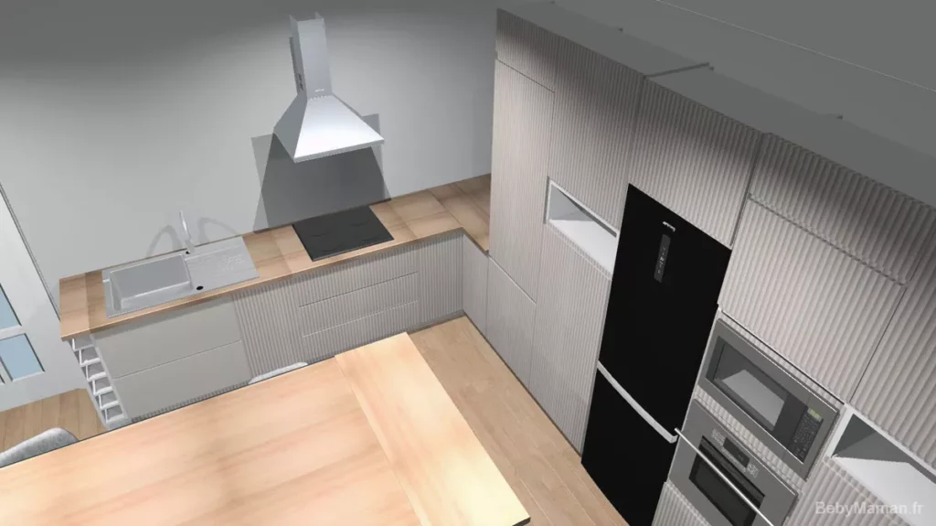 Cuisine AMMMO2 3 Perspective 3D d'une cuisine Leroy Merlin Tokyo avec façades texturées lin mat, colonnes toute hauteur, électroménager intégré noir et implantation optimisée pour une vie de famille.