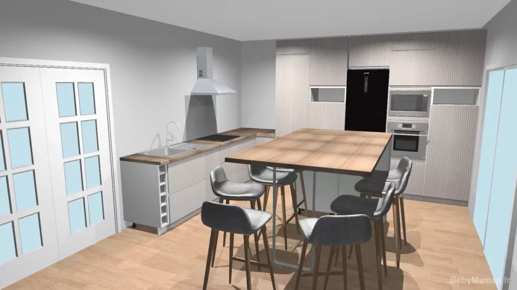 Cuisine AMMMO2 4 Projet de cuisine Leroy Merlin Tokyo dans une maison familiale avec façades lisses et rainurées, îlot central convivial, table intégrée et ambiance slow home chaleureuse.