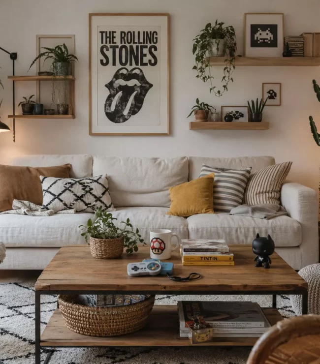 Salon bohème chic de maison familiale mêlant décoration naturelle et références geek discrètes avec affiche rock, objets rétrogaming, plantes vertes et mobilier en bois.