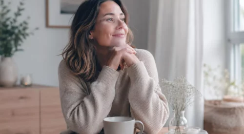 Femme de 35 ans assise près d'une fenêtre avec une tasse chaude et un carnet, prenant un moment de gratitude et de réflexion dans une ambiance slow living apaisante.
