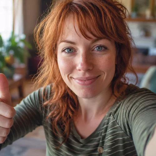 gratitude quotidienne femme sourire pouce leve bonheur slow living.bebymaman Femme de 35 ans souriante faisant un selfie avec le pouce levé dans un salon chaleureux, symbole de gratitude, de bonheur au quotidien et de slow living.