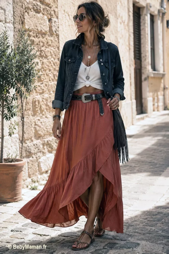 jupe longue boheme edgy terracotta veste jean noire Femme portant une jupe longue bohème terracotta asymétrique avec un crop top noué, une veste en jean noir et des accessoires western dans un look bohème edgy.