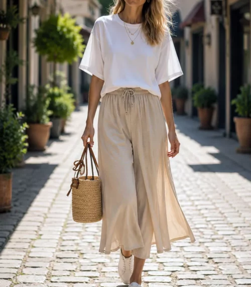 jupe longue boheme minimaliste beige tee shirt blanc Femme portant une jupe longue bohème beige fluide avec un tee-shirt blanc ample et un panier naturel dans un look minimaliste chic.