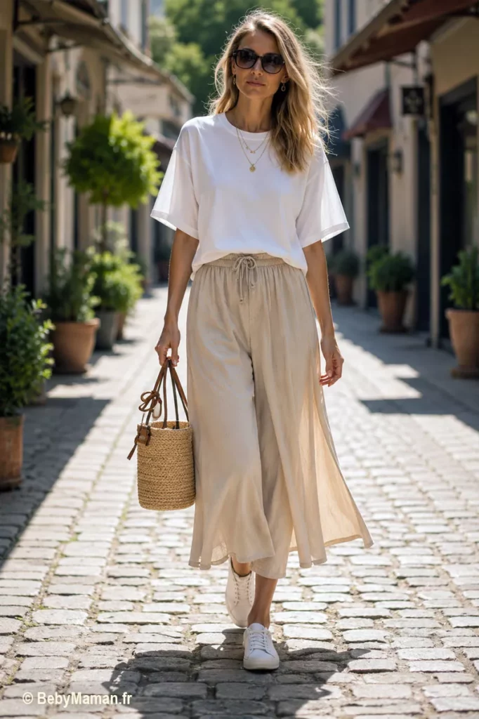 jupe longue boheme minimaliste beige tee shirt blanc Femme portant une jupe longue bohème beige fluide avec un tee-shirt blanc ample et un panier naturel dans un look minimaliste chic.