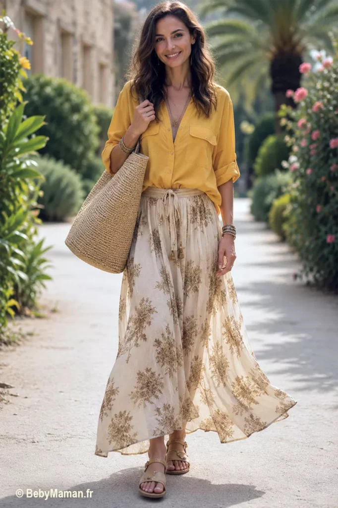 jupe longue boheme romantique fleurie chemise jaune Femme portant une jupe longue bohème fleurie translucide associée à une chemise oversize jaune dans un look romantique et lumineux.