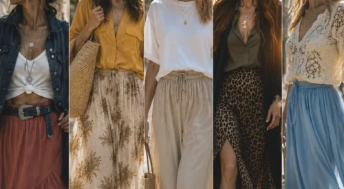 Montage mode réunissant cinq looks de jupe longue bohème pour femme, du style romantique au bohème rock, dans une ambiance slow fashion élégante et intemporelle.