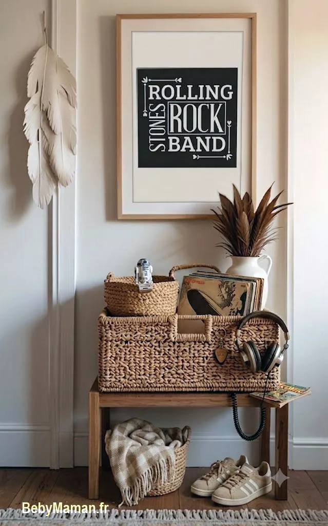 poster rock decoration boheme geek chic papa maman maison bebymama Affiche murale bohème chic inspirée de Space Invaders dans un intérieur slow living aux tons beige, terracotta et bois naturel.