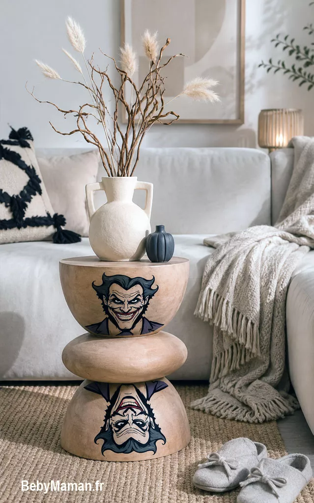 table joker decoration boheme geek chic papa maman maison bebymama Table d'appoint design avec illustration du Joker devant un canapé en velours beige clair sur tapis en jute dans un salon bohème chic.