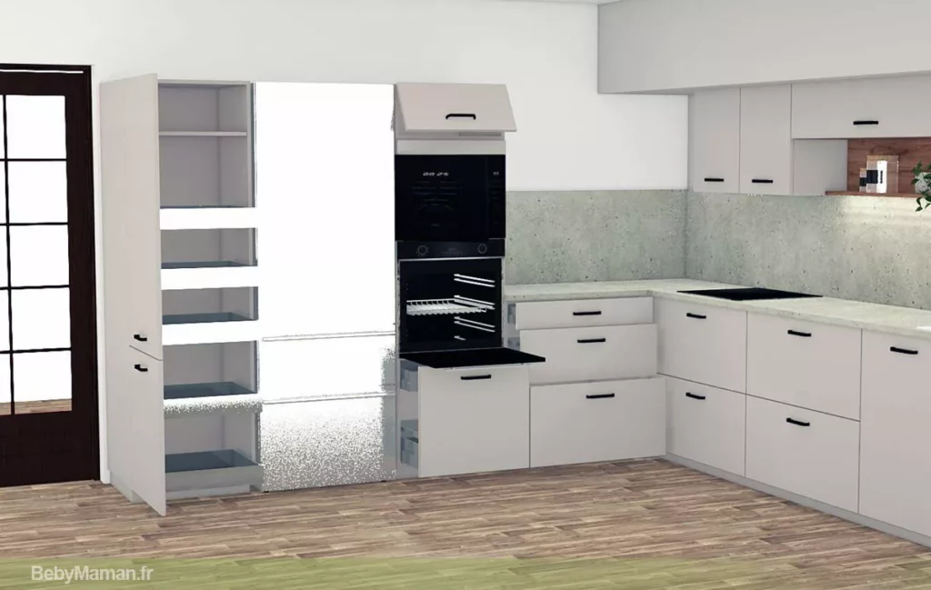 1 plan cuisine amenagement interieur meubles organisation socook bebymaman Plan 3D SoCoo'c d'une cuisine familiale avec colonne de rangement, four encastré, nombreux tiroirs et aménagements intérieurs pensés pour optimiser une rénovation de maison ancienne.