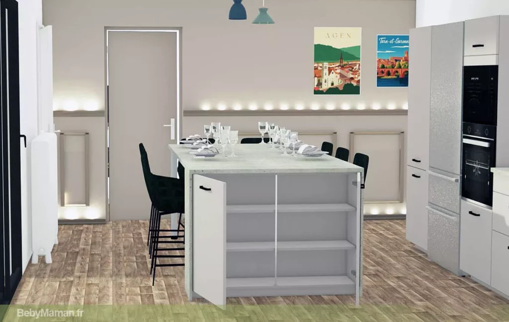 2 plan cuisine amenagement interieur meubles organisation socook bebymaman Plan 3D SoCoo'c avec grand îlot central pouvant accueillir huit personnes dans une cuisine familiale pensée pour une rénovation slow home.