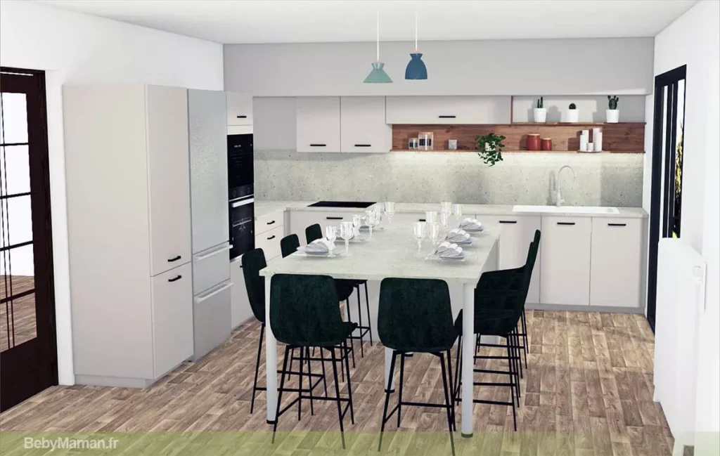 3 plan cuisine amenagement interieur meubles organisation socook bebymaman Vue d'ensemble du projet cuisine SoCoo'c imaginé pour la rénovation d'une maison ancienne avec implantation en L, nombreux rangements et grand îlot central.