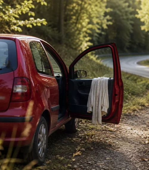 Voiture Fiat Punto rouge garée sur le bas-côté d'une route forestière au coucher du soleil, portière ouverte avec une blouse blanc cassé suspendue, illustrant un moment de réflexion et un choix de vie avant une rupture amoureuse.