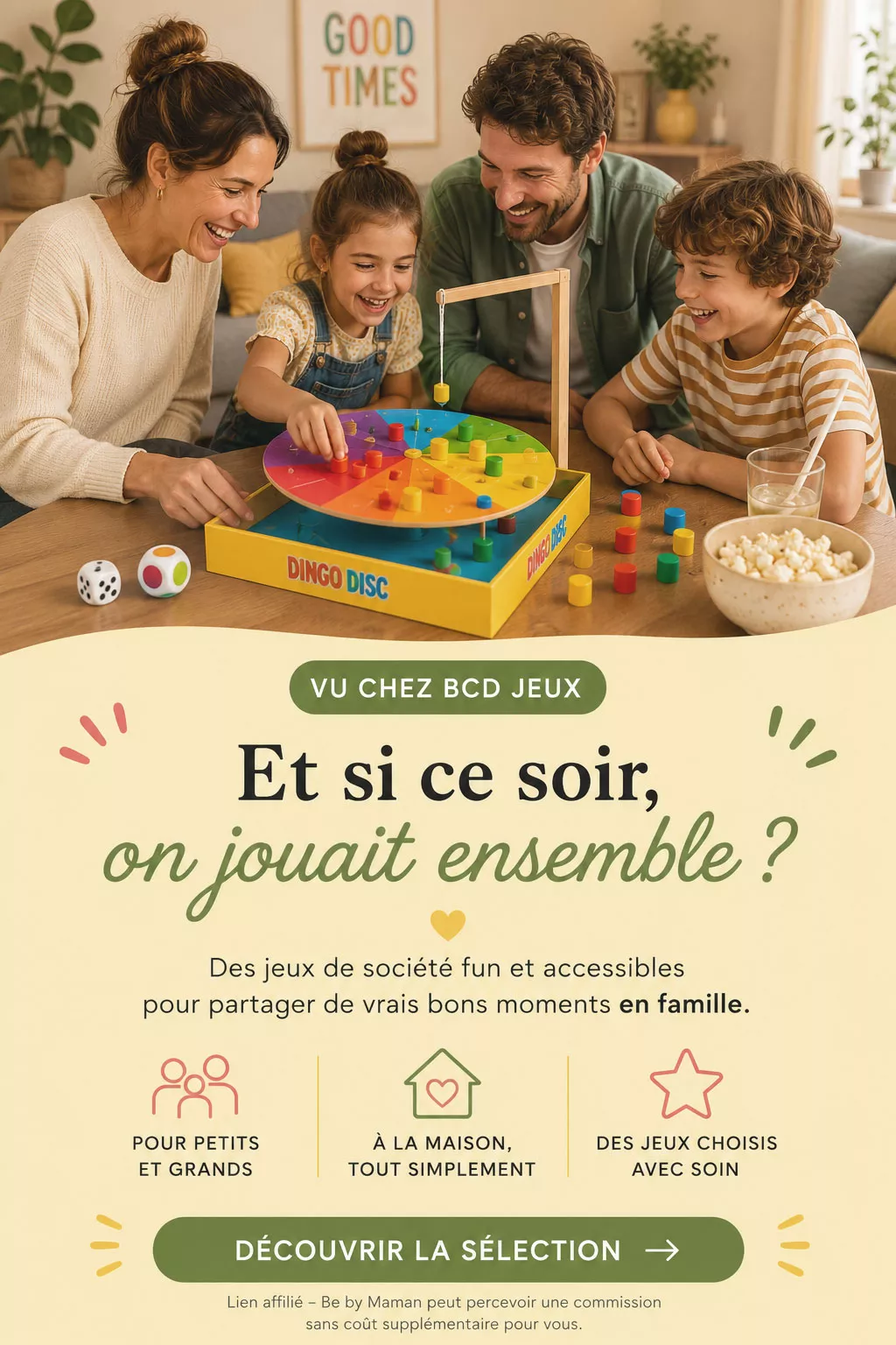 Famille jouant ensemble au jeu Dingo Disc à la maison, sélection de jeux de société BCD Jeux