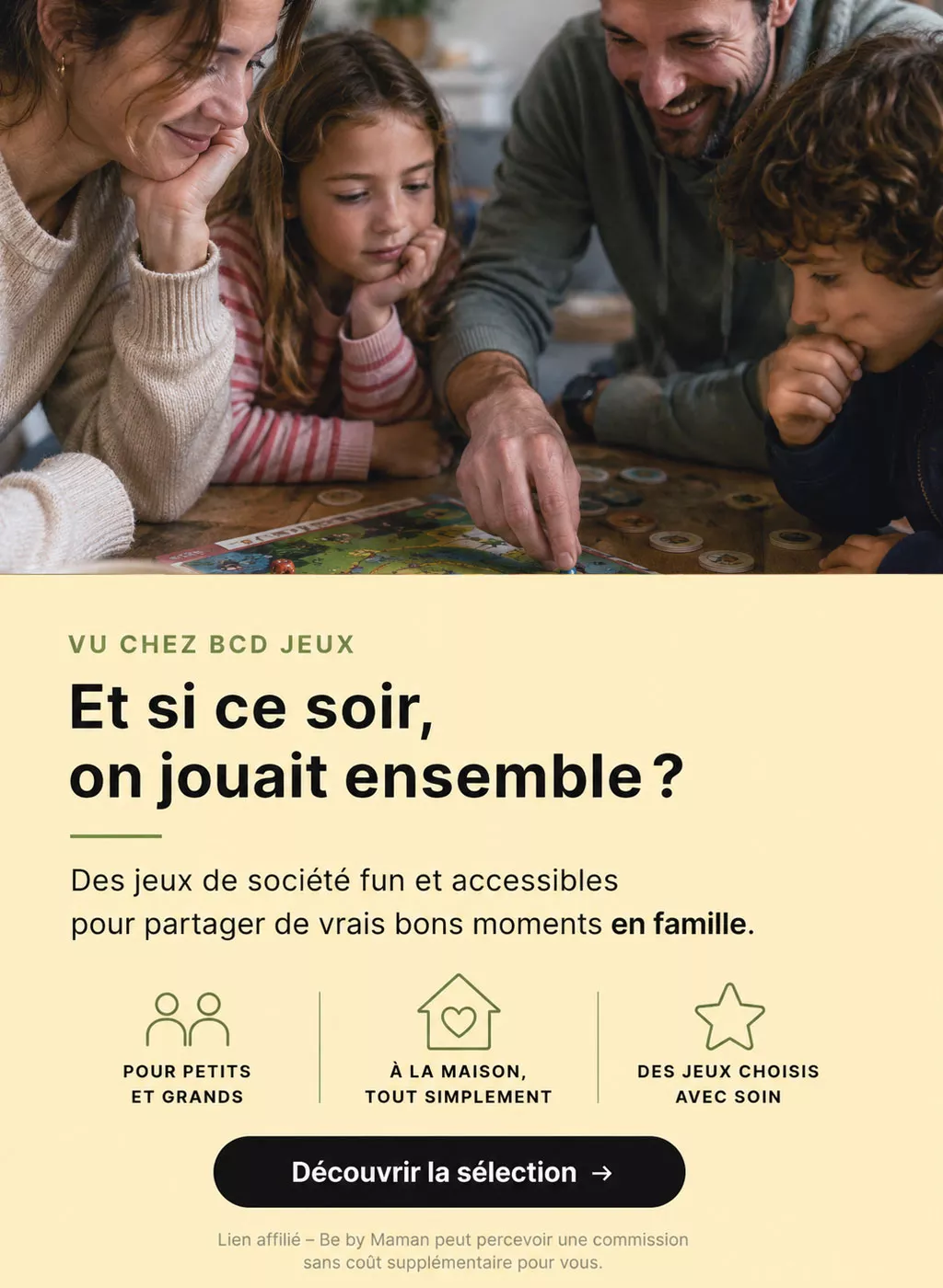 Famille jouant ensemble au jeu Dingo Disc à la maison, sélection de jeux de société BCD Jeux
