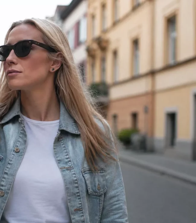 Femme blonde aux cheveux fins portant des lunettes de soleil dans une rue, look casual en veste en jean