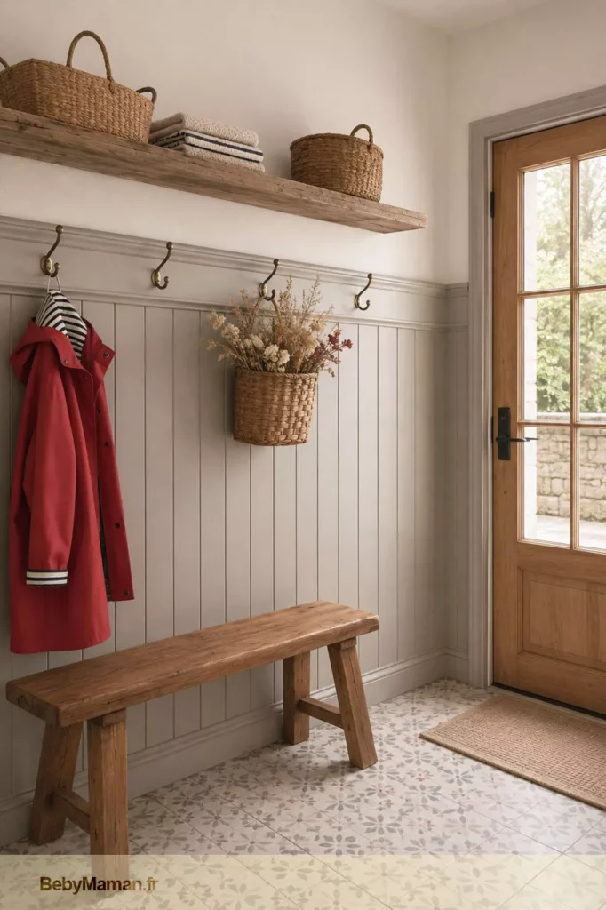 entre maison decoration inspiration campagne vacances soleil Entrée de maison avec soubassement en bois peint, porte en chêne moyen, carrelage vintage clair, banc en bois, étagère en bois flotté, patères en laiton et imperméable rouge esprit maison de vacances – Be by Maman