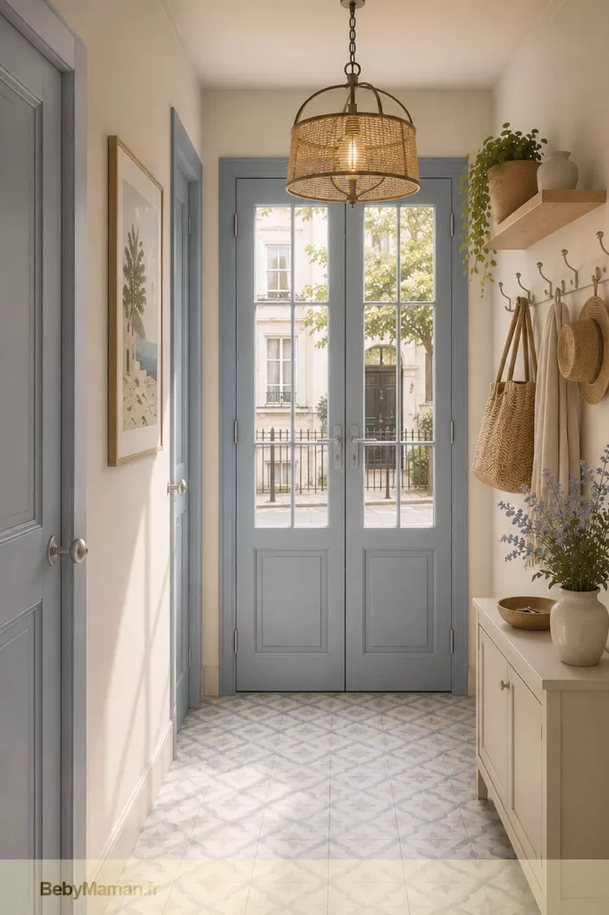 entre maison decoration inspiration vacances bord de mer soleil Entrée de maison inspirée du Sud avec portes bleu grisé, carrelage à motifs bleu doux, meuble à chaussures beige, patères chromées et décoration lumineuse pour un intérieur slow – Be by Maman