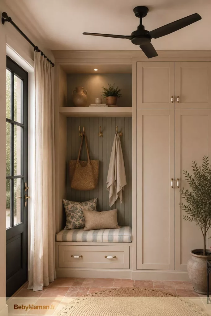 entre maison decoration inspiration vacances haussmann soleil Entrée sur mesure esprit maison de vacances avec porte noire, meuble beige intégré, ventilateur de plafond, tapis rond en jute, olivier en pot et décoration méditerranéenne chaleureuse