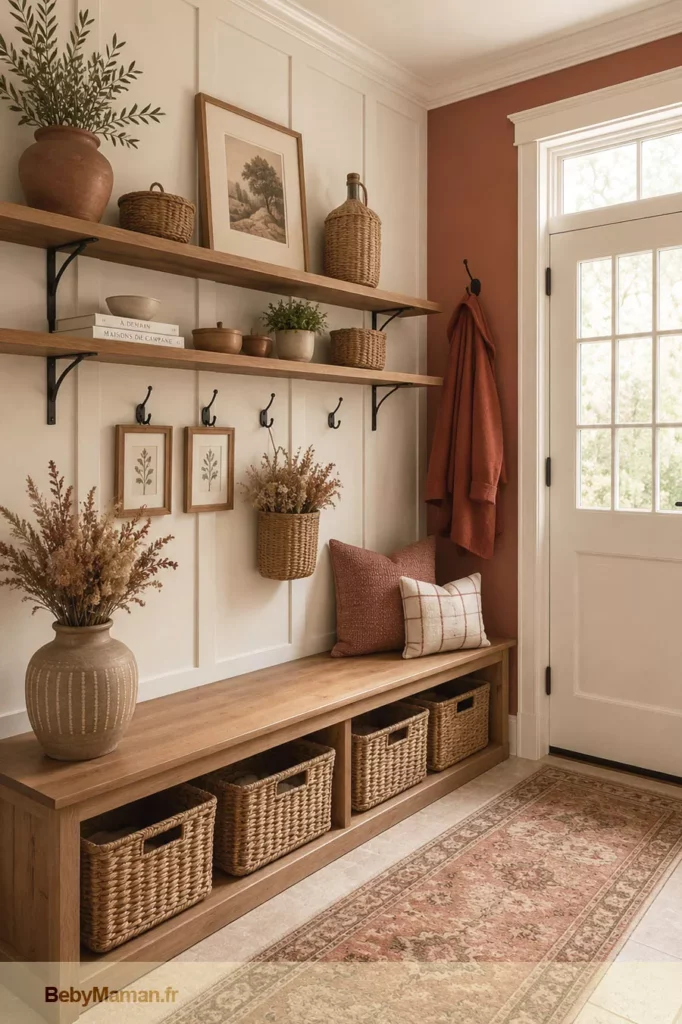 entre maison decoration inspiration vacances soleil terracotta Entrée chaleureuse avec mur terracotta, boiseries blanc cassé, banc en bois, double étagère décorative, carrelage clair et tapis de couloir pour une décoration inspirée des maisons de vacances – Be by Maman