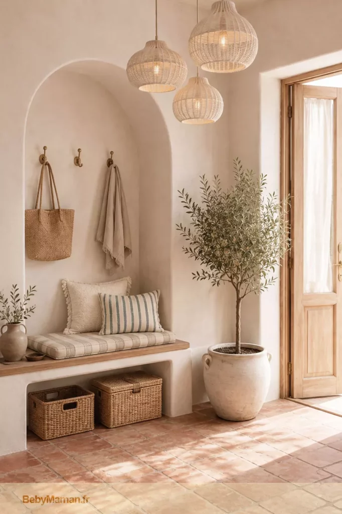 entre maison decoration inspiration vacances tomette soleil Entrée de maison méditerranéenne avec arche maçonnée, banc intégré en bois, tomettes terracotta, porte en bois clair, olivier en vasque et suspensions en osier blanc pour un intérieur slow inspiré du Sud – Be by Maman