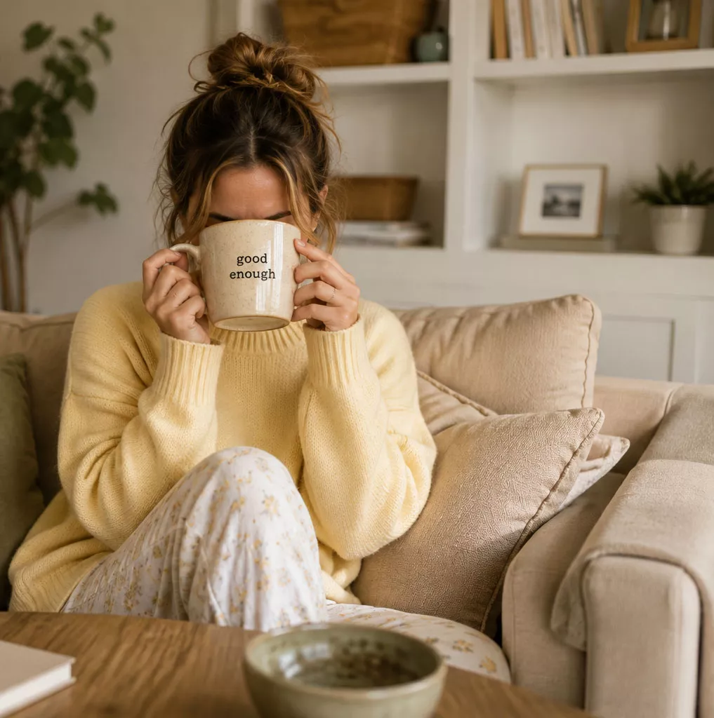 Femme en pyjama buvant dans un mug Good Enough dans son salon