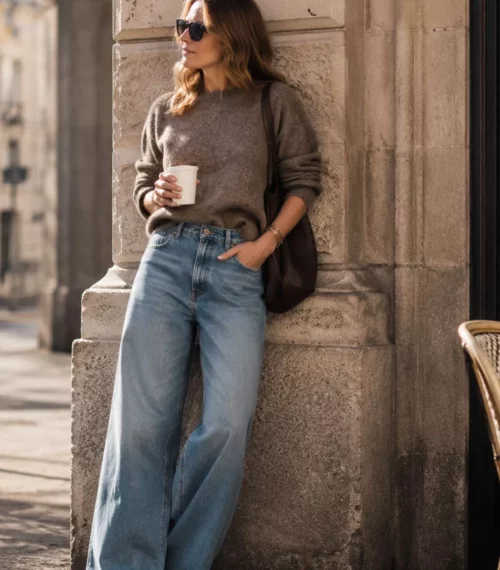 look femme jeans large wide leg tendance bebymaman Femme portant un jean wide leg bleu clair dans une rue au style parisien, avec un pull en maille taupe et un café à la main, pour un look automne-hiver confortable et tendance.