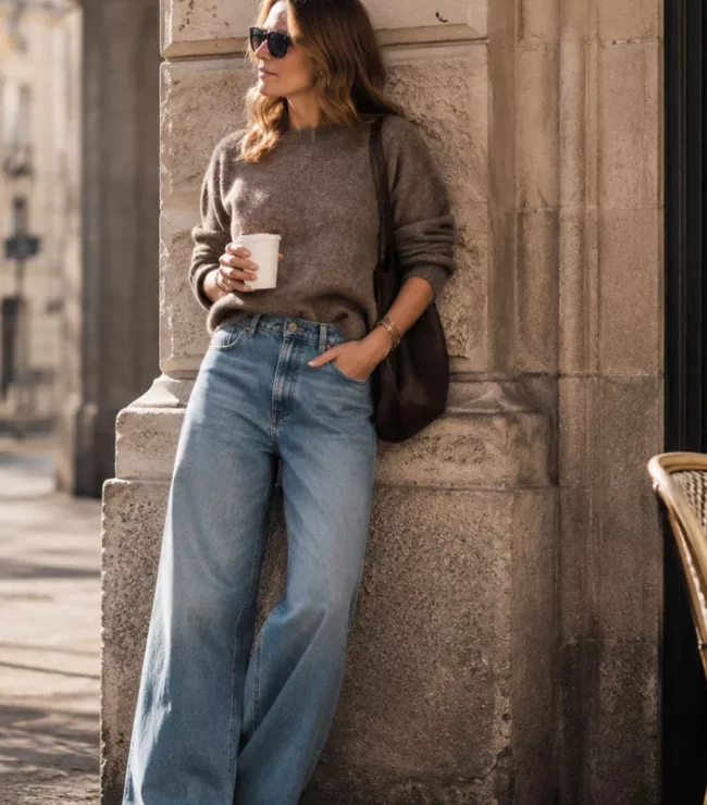 Femme portant un jean wide leg bleu clair dans une rue au style parisien, avec un pull en maille taupe et un café à la main, pour un look automne-hiver confortable et tendance.