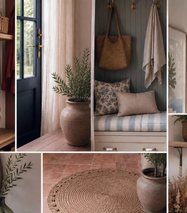 Balise alt (riche) Montage de six inspirations déco pour une entrée de maison chaleureuse : style bord de mer chic, cottage anglais, bohème méditerranéenne, ambiance bretonne, terracotta et maison de vacances slow, avec bois naturel, rotin, carreaux anciens, tomette, plantes et matières naturelles.