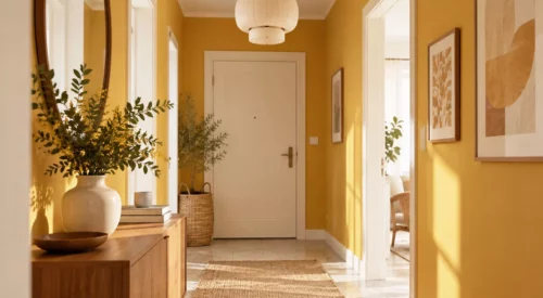Couloir aux murs jaunes avec porte blanche, bois et décoration naturelle