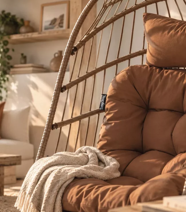 Fauteuil suspendu MyHamac en rotin brun dans un salon slow home chaleureux aux tons naturels et lumière dorée