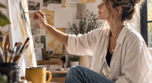 Femme peignant sur une toile dans un atelier lumineux avec touches de jaune moutarde en arrière-plan