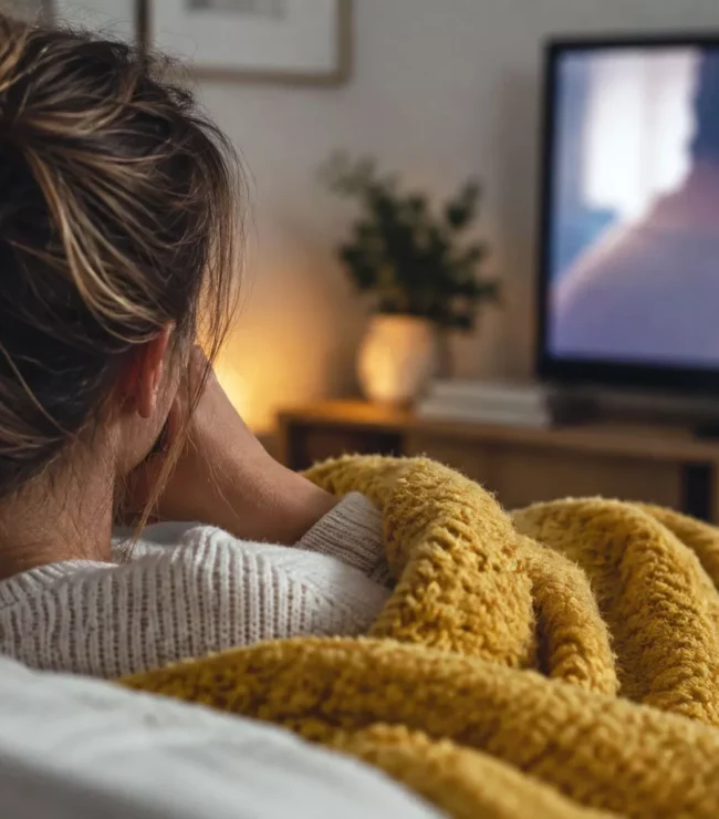 Femme de dos sous un plaid jaune regardant à la télévision une scène de couple floutée dans un salon chaleureux