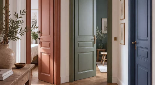 Couloir avec trois portes intérieures peintes en terracotta, vert sauge et bleu, parquet en pointe de Hongrie et décoration nomad chic
