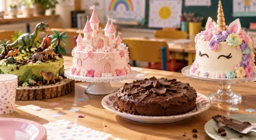 Quatre gâteaux d'anniversaire dans une classe : dinosaure, princesse, licorne et gâteau au chocolat fait maison, symbole de la philosophie maman Good Enough.