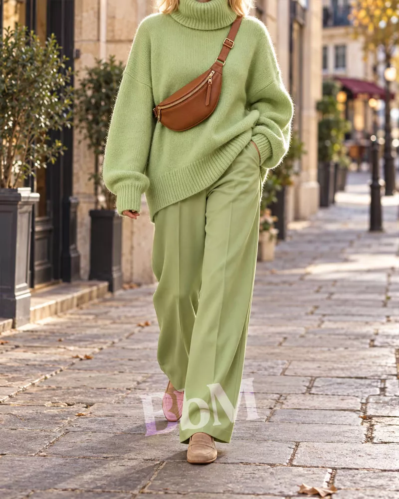 ensemble vert mode automne 2026 hiver 2027 femme bebymaman Femme en pull ample et pantalon large vert pistache, sac banane cognac et mocassins beiges.
