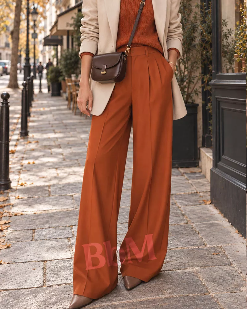 pantalon rouille orange mode automne 2026 hiver 2027 femme bebymaman Femme en pantalon large et pull rouille, blazer beige clair, sac chocolat et bottines brun taupe.