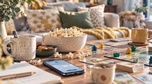 Jeu de société en famille, mugs fumants et pop-corn sur une table chaleureuse, avec un smartphone symbolisant l'IA au service d'une vie de maman plus slow.