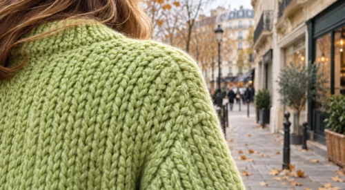 Gros plan de dos sur l’épaule d’une femme portant un pull vert pistache en grosse maille, dans une rue française en fin d’automne.