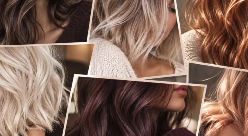 Collage de couleurs de cheveux tendance automne 2026 hiver 2027, du blond porcelaine au cuivre et brun profond