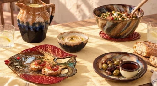 Table d’apéro avec vaisselle vintage, plat poisson, bol de houmous, olives et pichet de citronnade sur une nappe jaune pâle.